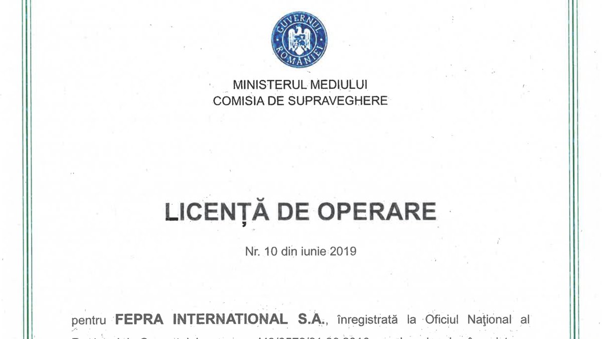 Licența de operare OIREP nr. 10 din iunie 2019, emisă de Ministerul Mediului