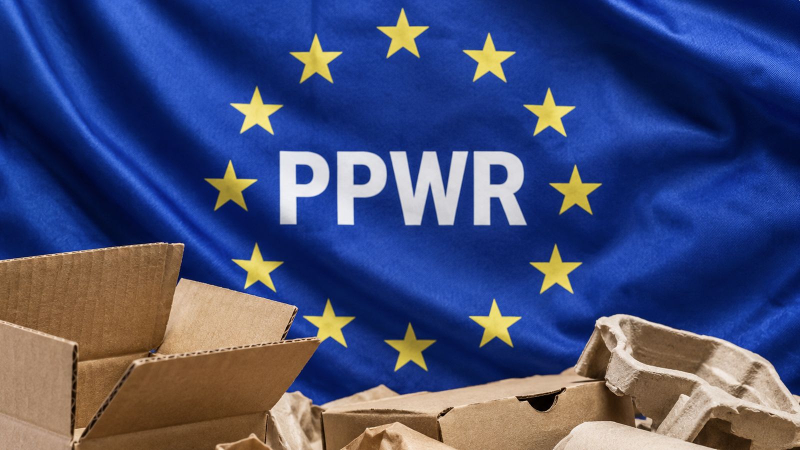 Ambalaje din carton în fața steagului Uniunii Europene, cu textul PPWR